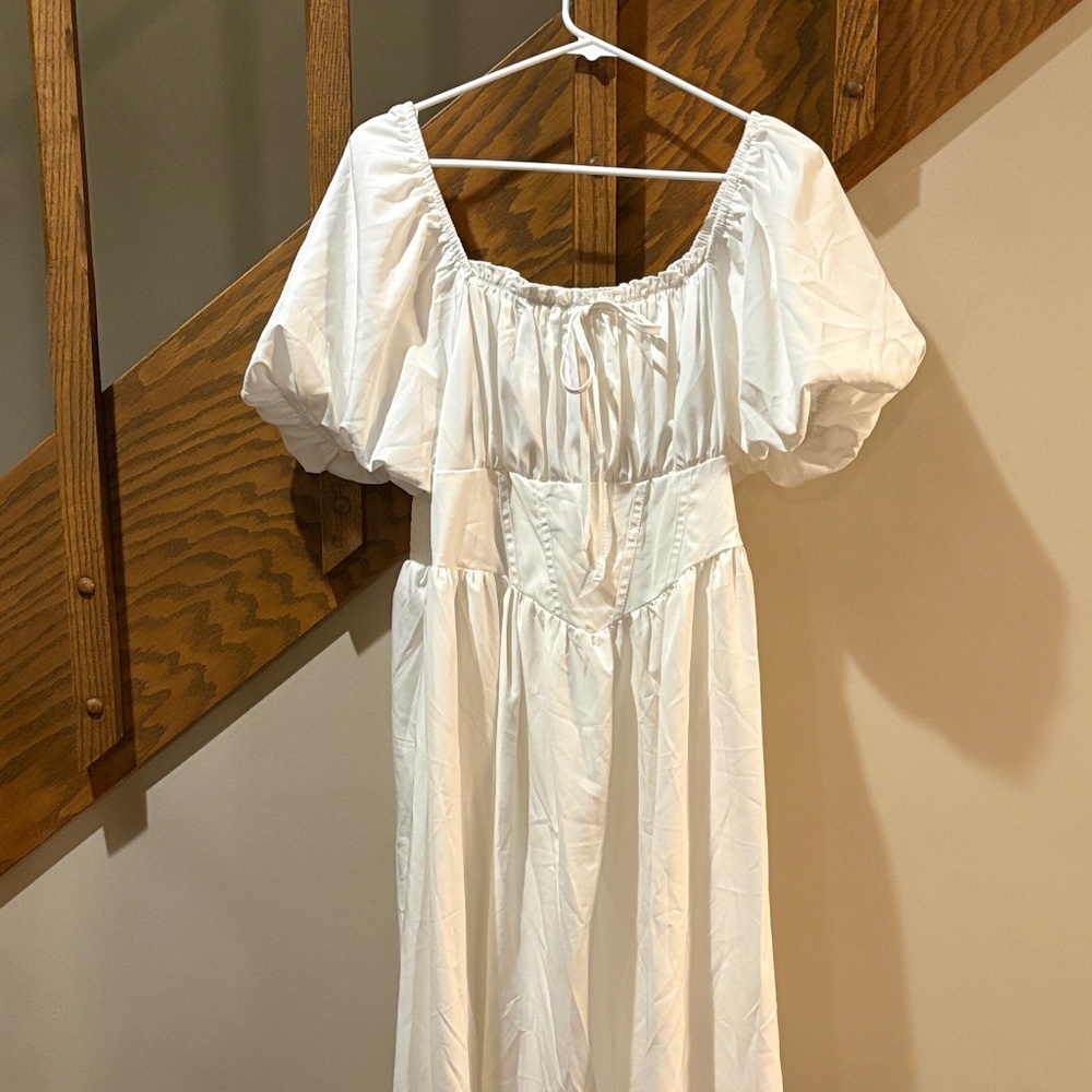 White Cottagecore Puff Sleeve Corset Midi Dress